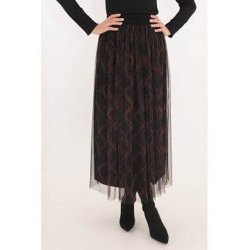 Fusta midi din tulle negru cu print discret maro