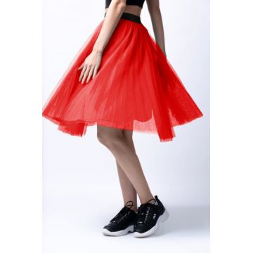 Fusta midi din tulle plisat, rosie