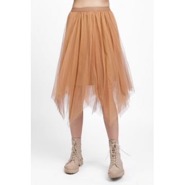 Fusta midi in colturi, din tulle camel